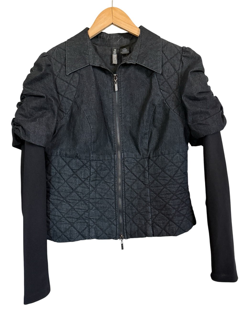 Bisou Bisou Quilted Denim Look Zip Jacket Puff Sleeve Rib Knit M